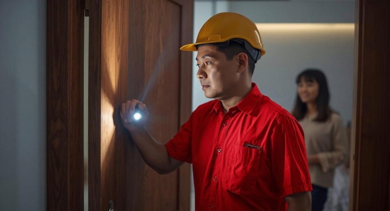 Teknisi profesional Fumida sedang melakukan survei dan inspeksi rayap secara gratis di rumah pelanggan